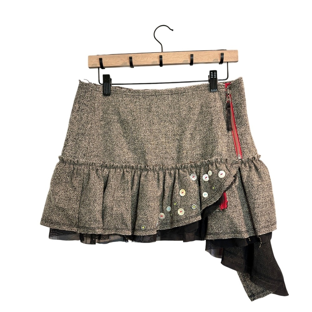 Free People Wool‎ Tweed Asymmetrical Ruffle Mini Skirt Gray Red Zip Size 4